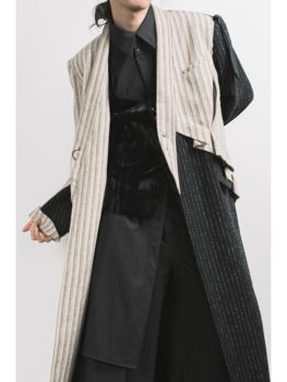 ILNya Yuehai_Black/White 'Xun' epaulette Taoist robe coat Wool striped wool coat