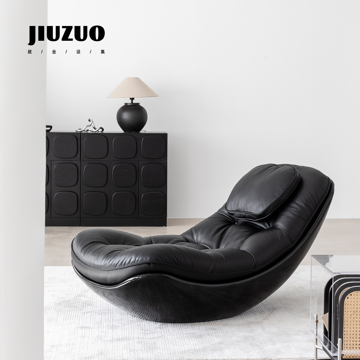就坐设集 黑色真皮玻璃钢蛋壳落地懒人松弛感狗窝躺躺沙发单人椅,淘宝优惠券,粉丝福利购,淘宝优惠卷