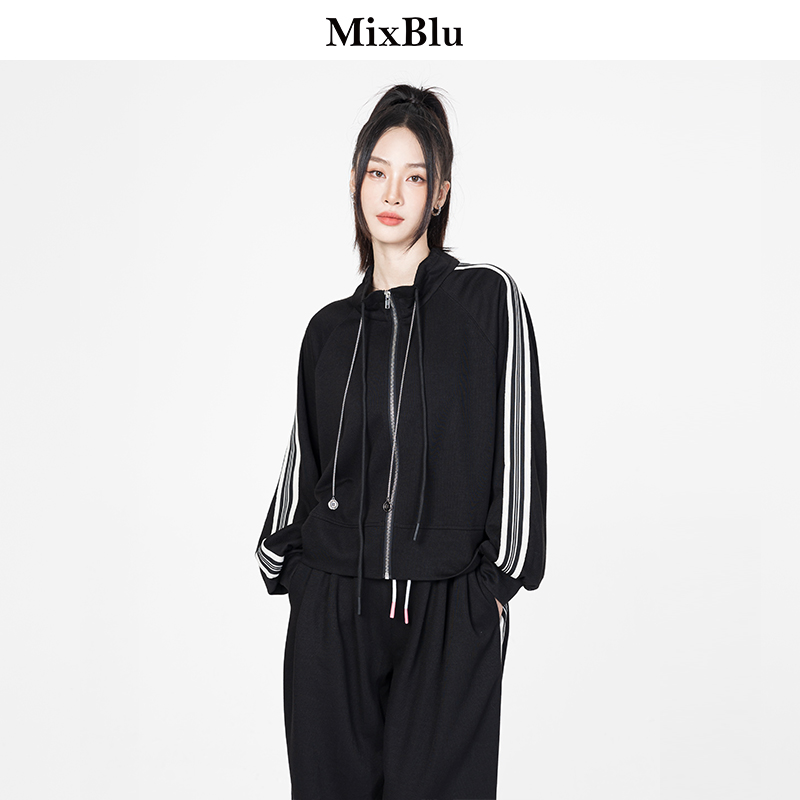 Mixblu黑色立领卫衣外套女秋季2023新款时尚百搭休闲宽松别致上衣