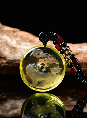 祥麟拱禄水麒麟黄水晶吊坠项链平安扣饰品橘黄水晶项坠男女礼物