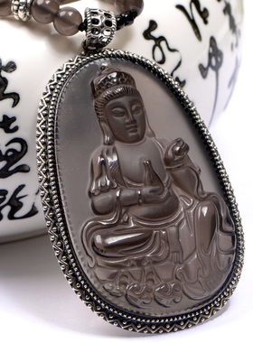 冰种黑曜石包边观音吊坠