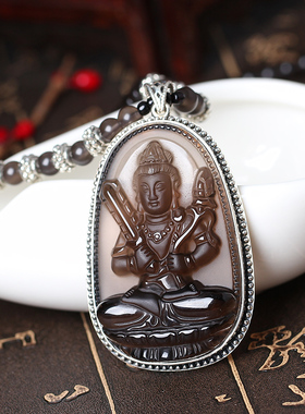 2026年925银冰种黑曜石虚空藏菩萨生肖属牛虎本命佛守护神吊坠