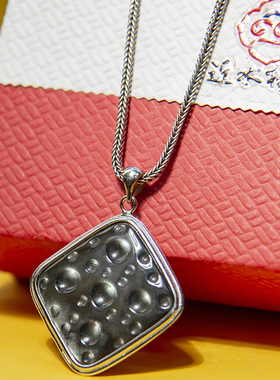 贝雕方形银项链新中式吊坠女