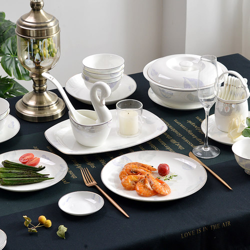 盘子菜盘家用饭碗碟套装自由组合骨瓷轻奢中式餐具陶瓷北欧高级感 - 图1