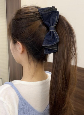 牛仔布艺蝴蝶结香蕉夹子发夹女大号后脑勺双面饱满发饰马尾夹抓夹