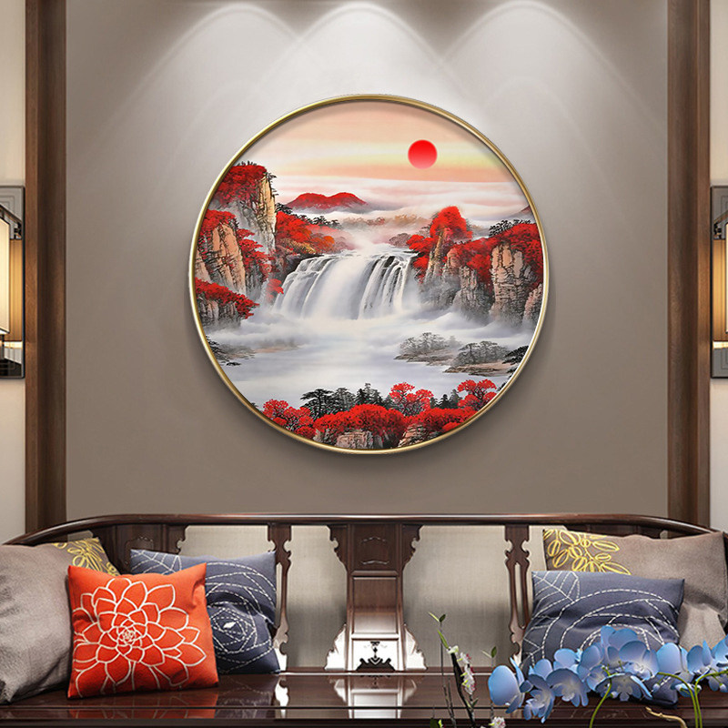 新中式圆形鸿运当头晶瓷画客厅背景墙装饰画山水玄关走廊壁画挂画_虎窝淘