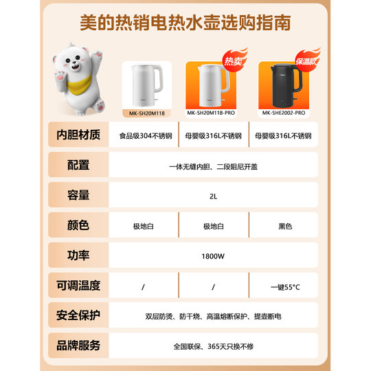 美的电热水壶316L不锈钢家用2L升大容量电开水壶全自动一体烧水壶