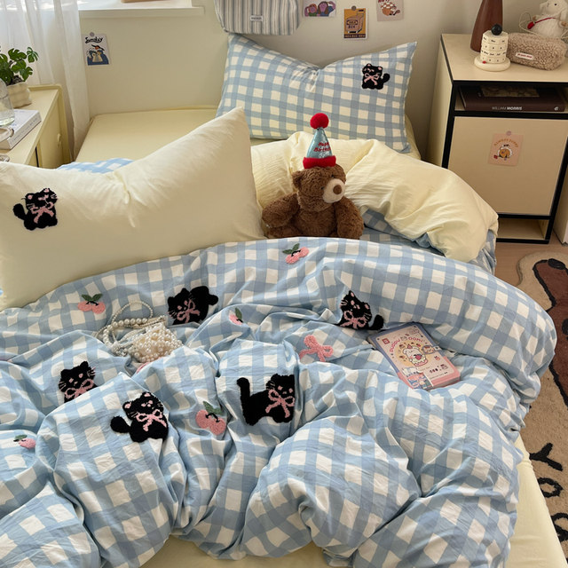 Ins girl heart plaid cat towel embroidered wash cotton four-piece set non-pure cotton student dormitory bed sheet three-piece set set
