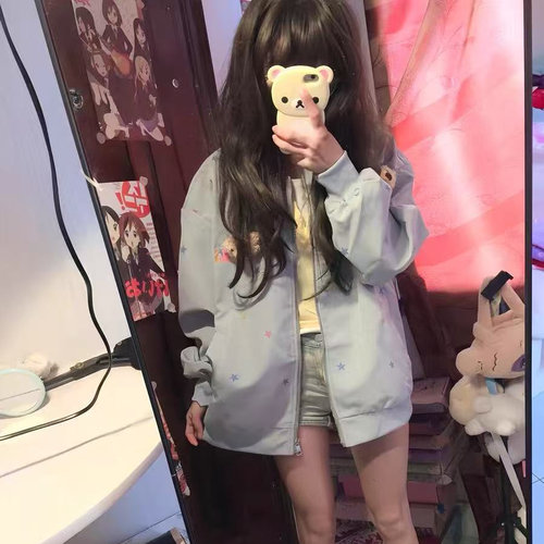 美式星星满印棒球服外套女2025春季新款学生小个子韩版bf宽松夹克 - 图0