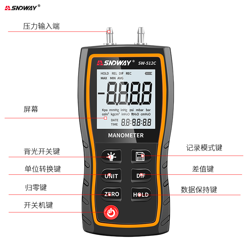 深达威SW-512A/512B/512C差压计手持数显微压计数字正负压力检测 - 图2