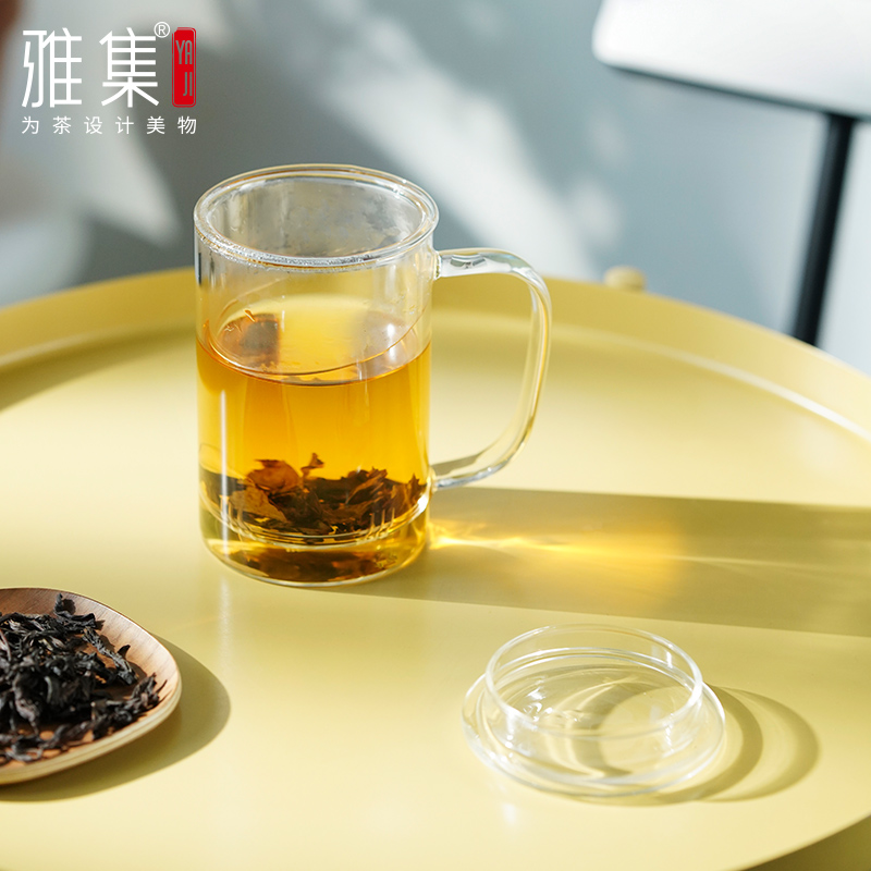 雅集茶具直觉杯家用带盖带把手玻璃杯泡茶杯个人专用茶水分离杯子 - 图1