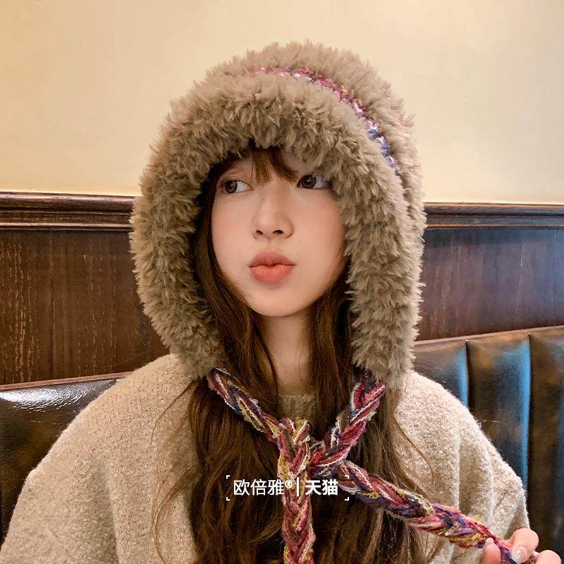 秋冬大头围毛绒绒显脸小帽子女可爱绑带保暖防寒针织帽套头毛线帽,淘宝优惠券,粉丝福利购,淘宝优惠卷