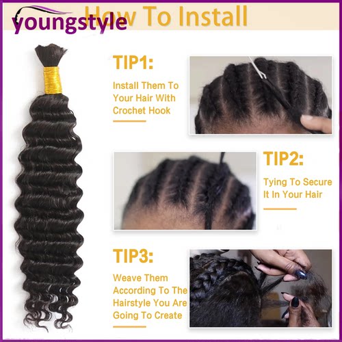 Deep wave no weft human hair extensions bulk for braiding - 图0