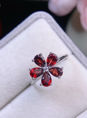 天然石榴石戒指女925银镶嵌时尚宝石生日礼物送女友不掉色