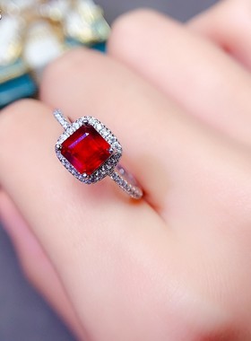 天然芬达石榴石戒指女925银镶嵌时尚宝石6*6生日礼物送女友不掉色