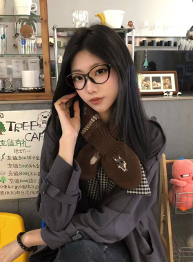 SLN复古老钱风针织围巾女秋冬棕色保暖百搭毛线围脖时尚搭配深棕