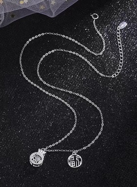 S990纯银中国风灵动福字吊牌福袋项链高级复古时尚气质女款锁骨链