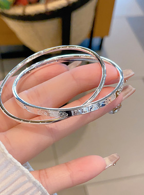 银手镯9999足银女正品纯银手镯 吉言双圈招财纳福闭口实心 民族风