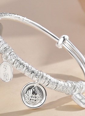 9999纯银盘缠手镯女士新款实心手工原创腰缠万贯足银镯子生日礼物