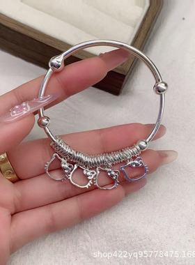 足银999Kitty猫纯银手镯铃铛小众时尚银镯子手串转运珠手环礼物