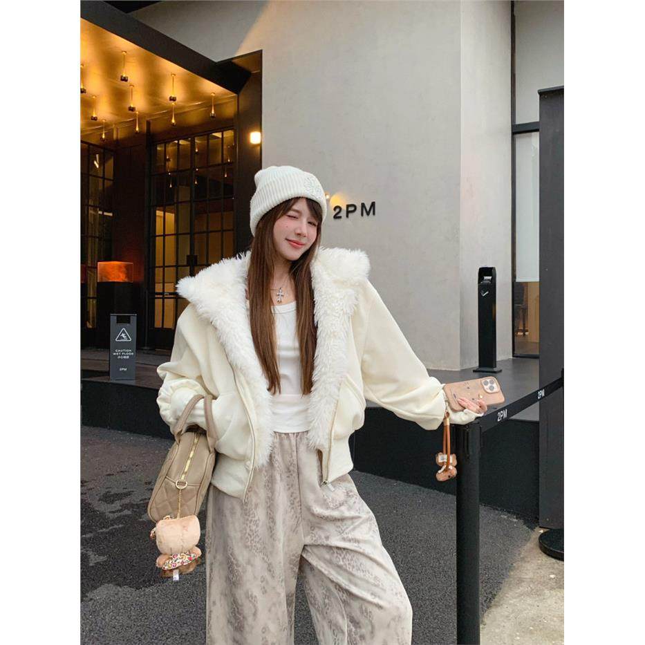PPHOME美式大毛领加绒连帽卫衣外套女冬季休闲加厚保暖白色短棉衣,淘宝优惠券,粉丝福利购,淘宝优惠卷