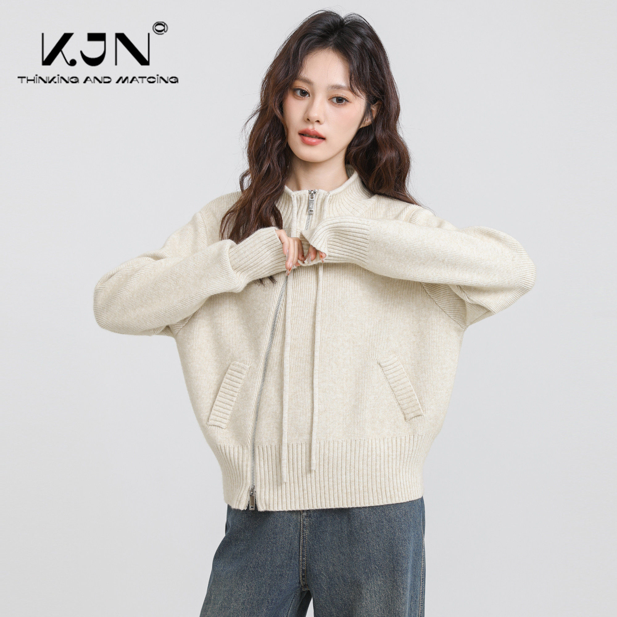 半高领加厚毛衣外套女2025春秋新款不规则双拉链立领针织开衫上衣,淘宝优惠券,粉丝福利购,淘宝优惠卷