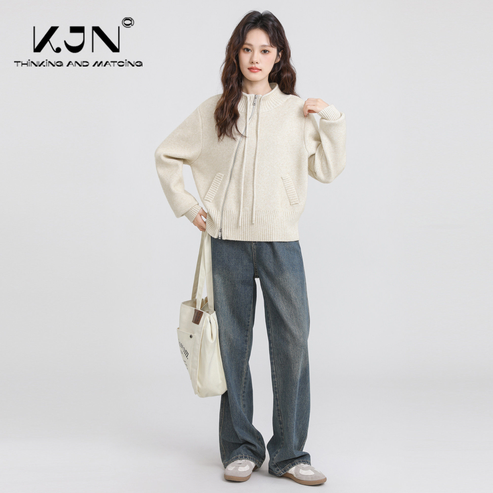 半高领加厚毛衣外套女2025春秋新款不规则双拉链立领针织开衫上衣,淘宝优惠券,粉丝福利购,淘宝优惠卷