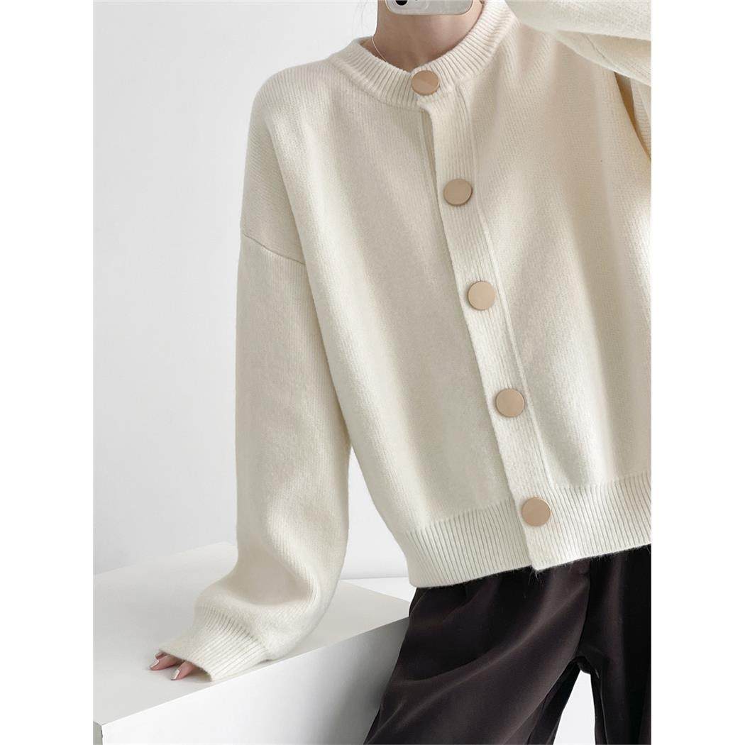 悦织雅 设计感单排扣纯色针织毛衣外套开 衫慵懒宽松圆领秋冬上衣,淘宝优惠券,粉丝福利购,淘宝优惠卷