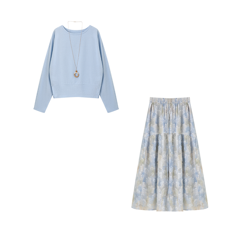 沫晗依美2026春新款蝙蝠袖宽松微掐腰含项链下摆朦胧印花裙套装女,淘宝优惠券,粉丝福利购,淘宝优惠卷