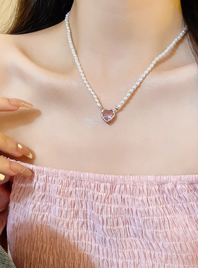 甜美可爱粉色锆石锁骨链轻奢小众巴洛克珍珠项链网红同款颈链批发