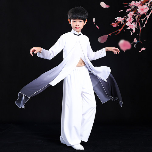 男女儿童古典演出服飘逸中国风太极舞蹈服水墨舞剑少年强扇子舞服 - 图1