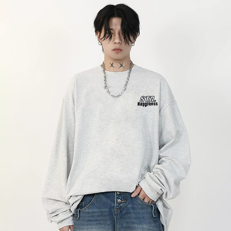 STA原创春秋季国潮牌幸福字母印花宽松圆领长袖T恤男女装上衣t恤 - 图1