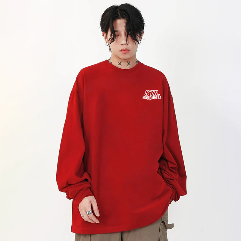 STA原创春秋季国潮牌幸福字母印花宽松圆领长袖T恤男女装上衣t恤 - 图0