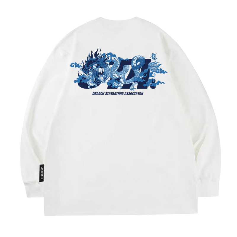 STA祥云线条龙纯棉长袖T恤男女重磅休闲潮牌宽松打底衫320克春秋 - 图3