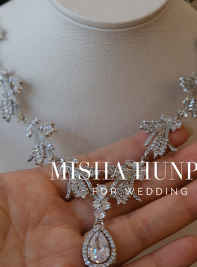 新款微镶水滴锆石颈链奢华晚宴礼服婚纱项链耳夹套装