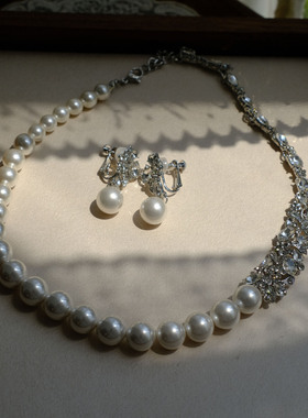 MishaBride珍珠项链女水钻蝴蝶结锁骨链气质名媛高级婚纱拍照配饰