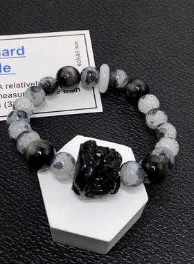 原创黑白混色黑醒狮手串男女