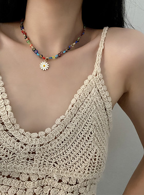 周雨彤同款太阳花彩色琉璃珠项链