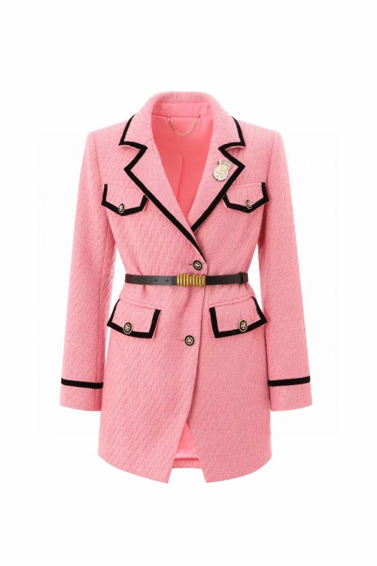 新款高级定制女装粉色气质修身显瘦进口羊毛面料系腰带西服外套