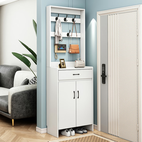 实木鞋柜家用门口大容量门厅柜带衣架白色胡桃色原木色玄关储物柜 - 图0