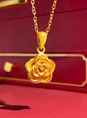 金店款沙金玫瑰花吊坠时尚简约仿黄金吊坠山茶花项链高保色女