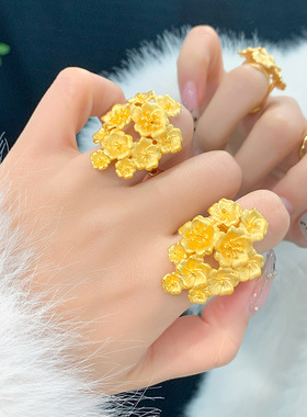 复古沙金工艺繁花戒指女轻奢小众气质开口设计可调节指环