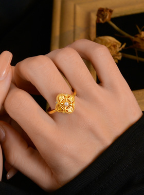 新款沙金花戒指女 古法镀金花丝工艺高级设计感镶嵌珍珠