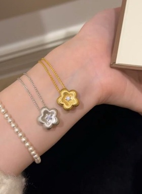 法式复中古S925纯银拉丝金花朵项链轻奢小众高端级设计感锁骨颈链