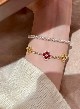 S925纯银项链四叶草红玉髓时尚百搭轻奢复古耳环钉手锁骨颈本命红