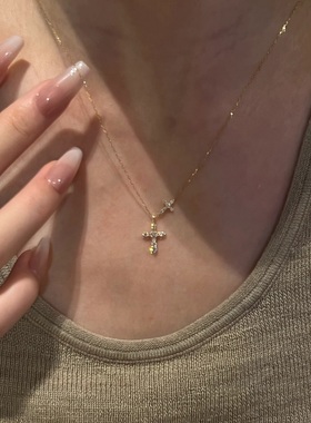 法式中古S925纯银满钻双子十字架项链轻奢小众高端级设计感锁骨颈