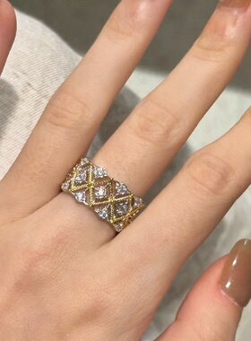 S925纯银戒指意大利镂空菱格纹宽版宫廷复古轻奢高端小众级设计感