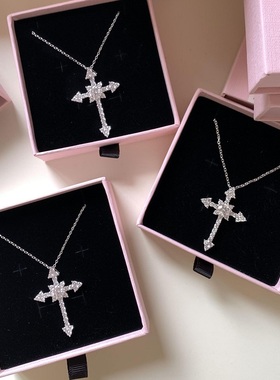 S925纯银十字架项链超闪锆石镶满碳钻轻奢高端小众级感百搭锁骨颈
