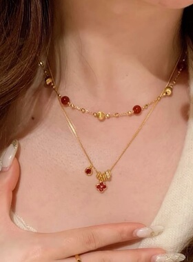 S925纯银碳钻花朵四叶草项链轻奢高端小众级设计感精致锁骨颈链女