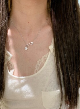 S925纯银项链爱心别针镶钻锆石轻奢高端小众级设计感锁骨颈个性潮